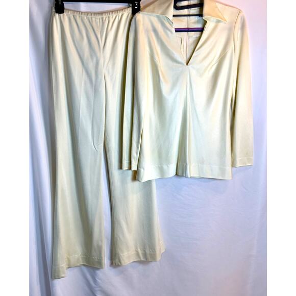 Vintage Manning Silver Cream Pantsuit Set | 70s Disco Blouse & Pants | Y2K Vibes - Picture 3 of 8